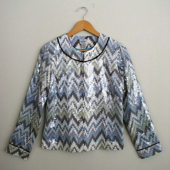Chicos Womens Ikats Meow Sequin Jacket Blue Green - Picture 1 of 6